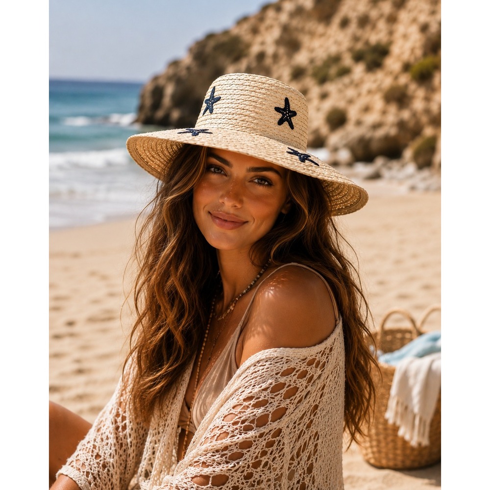 NWT Mud Pie Sun Hat OS Natural Navy Starfish Wide Brim Hat